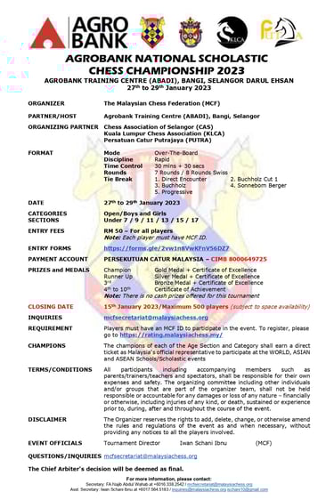 Agro Bank National Scholastic Chess Championship 2023. Malaysian Chess Federation. MCF Malaysia 