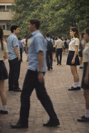 Dos adolescentes se miran en el patio escolar, imagen de amor adolescente