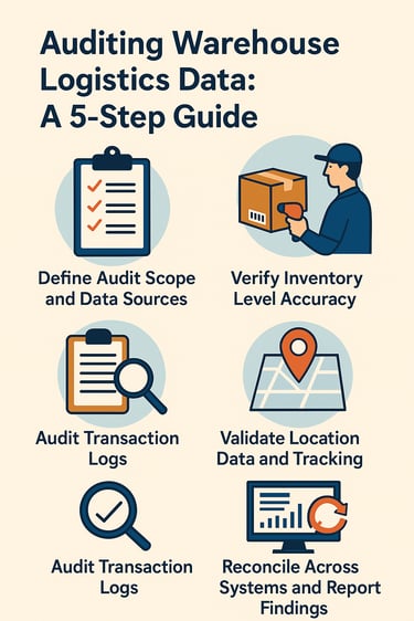 Illustration showing the five main steps of auditing warehouse logistics data: defining audit scope and data sources, verifyi