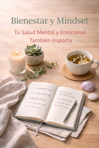 bienestar y mindfulness con cuaderno abierto, vela encendida, taza de té herbal y planta sobre mesa