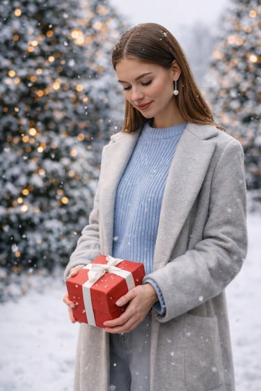 a woman in a gray coat and blue sweater holding a red present