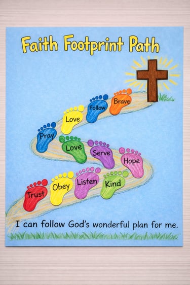 Kids faith footprint craft leading to a cross.