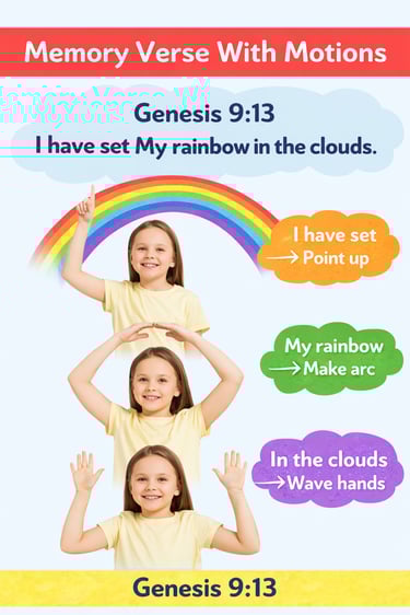Children’s memory verse for Genesis 9:13 showing hand motions with a rainbow for Sunday school.