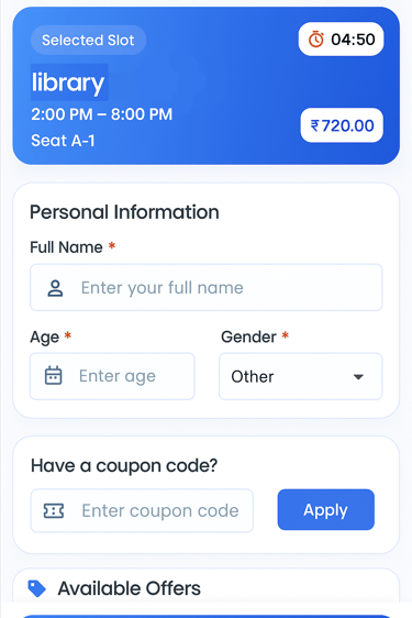 a phone screen showing a booking detail screen for a library 