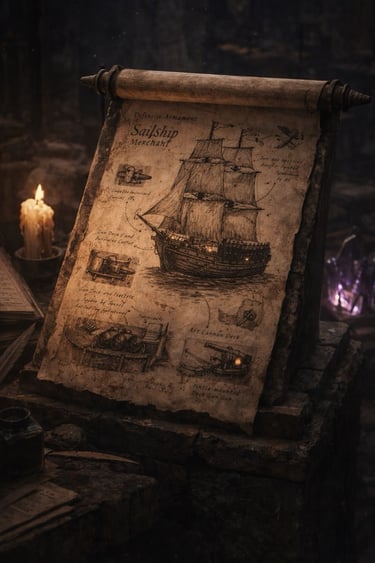 Ancient scroll of a merchant ship at a Freeport Mage Tower