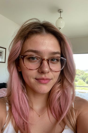 a woman with pink hair and glasses on her face