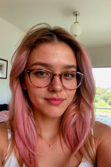 a woman with pink hair and glasses on her face