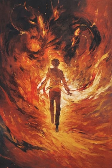 Anime man walking through swirling flames — Cosmic Art | Anime Painting