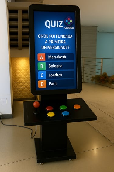 Totem com Quiz na tela e botões de fliperama