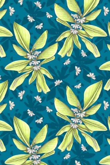 Hand-drawn tropical plant pattern with a blue backgorund