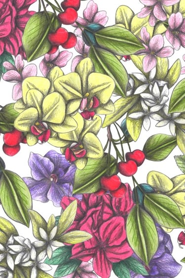 Hand-drawn flowers and cherries pattern with a white background