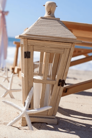 tall wood lantern with white starfish included in package