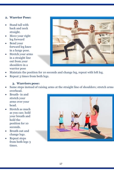 A book page of a warrior pose for childrens yoga