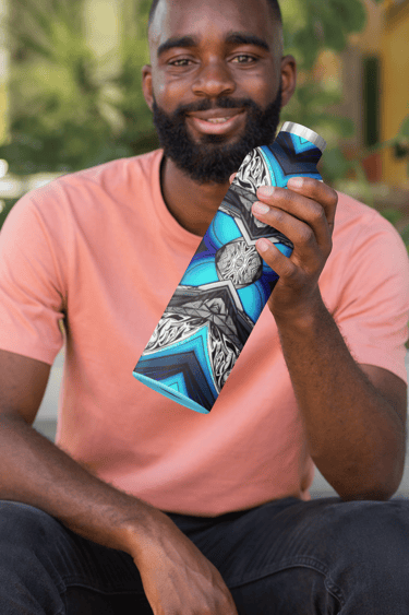 a man with a beard and a skateboard water bottle