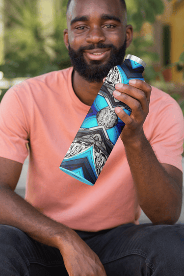 a man with a beard and a skateboard water bottle