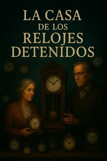 Pareja mayor junto a relojes detenidos: metáfora de memoria, tiempo suspendido y misterio existencia