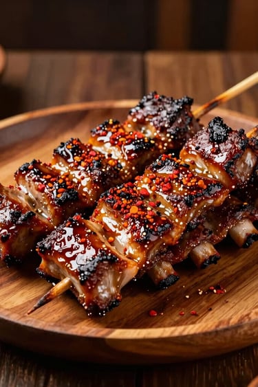 A professional food photograph of delicious Nigerian Suya skewers alongside slow-smoked barbecue ribs on a clean wooden plate. Warm side lighting highlights the vibrant red spices and glossy barbecue glaze, set in a cozy North American / US dining atmosphere.
