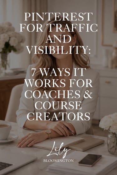 Typo "Pinterest for traffic and visibility" over a lifestyle picture of a business woman sitting on a desk making notes
