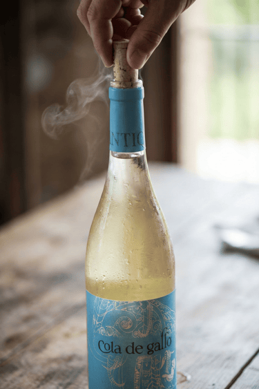 Botella de vino Cola de Gallo siendo descorchada con burbujas naturales saliendo