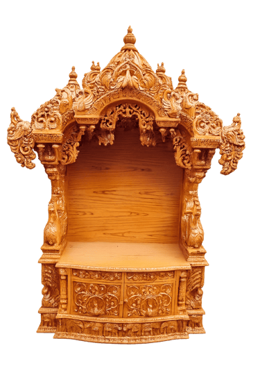 Hand-carved wooden Hindu puja mandir for home featuring intricate traditional Indian architecture and deities.