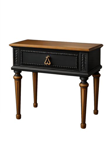 Elegant black and gold nightstand with ornate carvings and a heart-shaped drawer pull on a dark background.