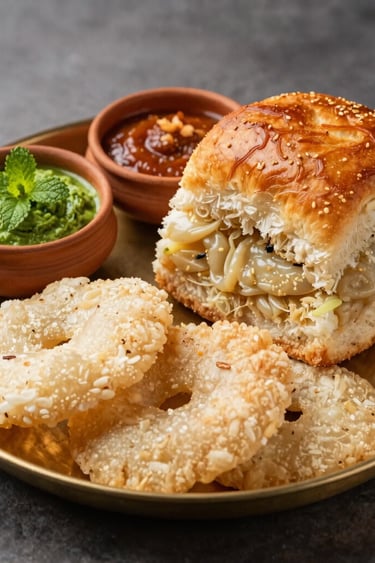 Mouthwatering food photography of a golden-brown Vada Pav and crispy Kothimbir Vadi, served beautifully on a traditional South Asian brass plate. Small clay bowls containing vibrant green mint chutney and red garlic chutney sit alongside. Gentle, warm studio lighting accents the textures of the fresh food.