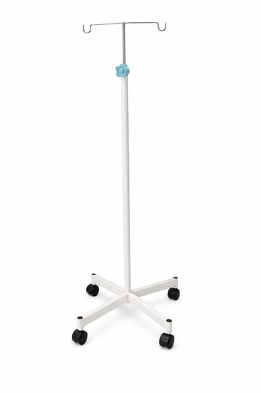 Portable white medical IV pole with four hooks and a rolling caster base for hospitals.