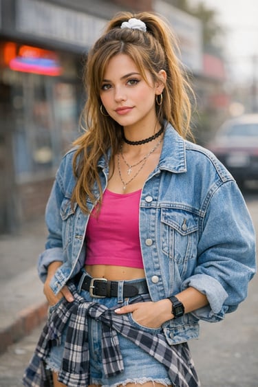Young woman in 90s denim outfit on a city street.