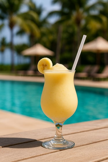 Banana Mama frozen cocktail in a hurricane glass with banana garnish