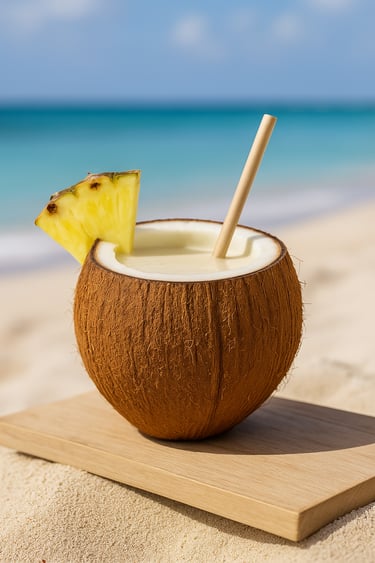 Coco Loco cocktail in a fresh coconut with straw on a wooden board by the beach