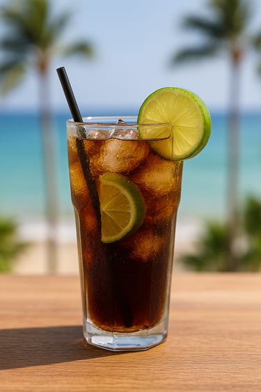 Cuba Libre cocktail with rum, cola, ice, and lime in a tall glass