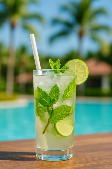 Mojito cocktail with fresh mint, lime slices, and crushed ice in a tall glass