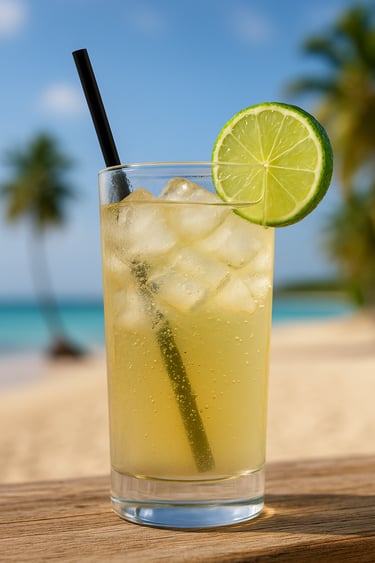 Santo Libre cocktail with rum, lime, and ice in a tall glass on a tropical beach in the Dominican Republic