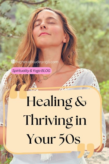 A woman practices mindful meditation outdoors for a yoga blog about healing and thriving in your 50s.