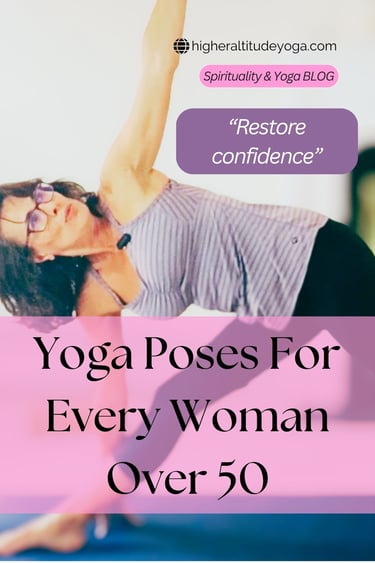 A woman over 50 practicing a restorative yoga pose for confidence and flexibility.