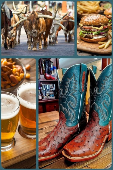 collage with longhorns, boots, beers, and burgers