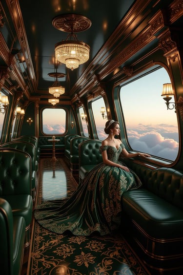 Lovely girl in green dress on a flight
