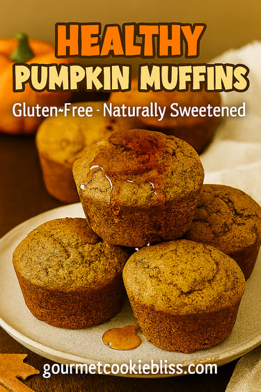 Three stacked gluten-free pumpkin muffins drizzled with maple syrup.