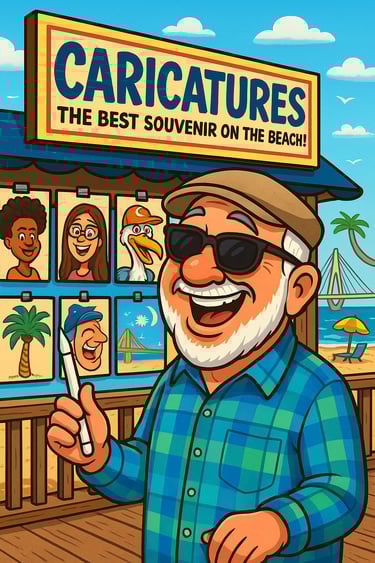 Cartoon of caricature artist having fun on the boardwalk