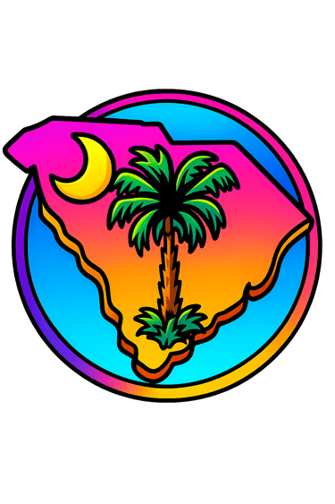 Colorful picture of South Carolina in a beautiful circle with the Palmetto Tree and moon.