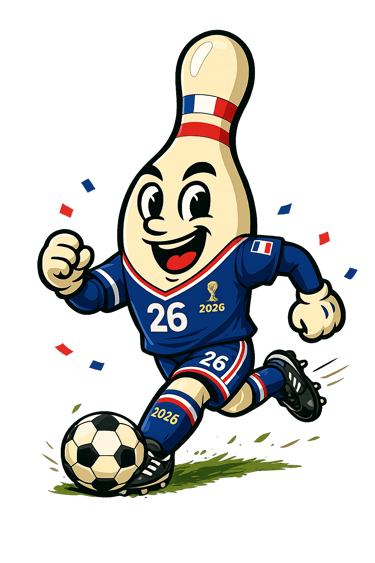 A cartoon bowling pin mascot wearing a France 2026 soccer jersey and kicking a football.