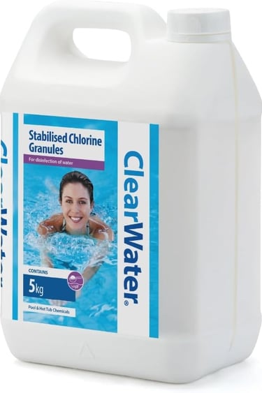 A 5kg container of ClearWater Stabilised Chlorine Granules for swimming pool and hot tub water disinfection.