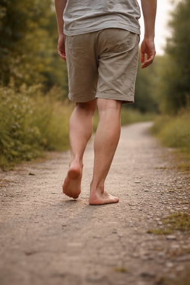 Homme marchant naturellement sur un chemin après sa rééducation du LCA