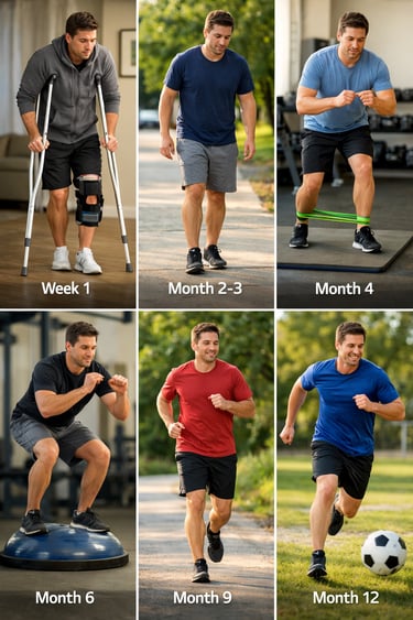 Timeline de rééducation du LCA : de la béquille au sport, progression mois par mois de 0 à 12 mois