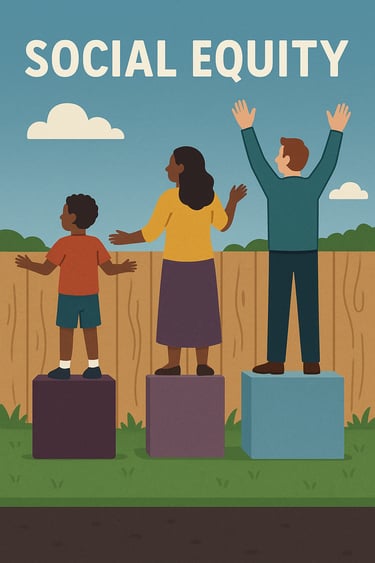 3 people, different heights, each on a box enabling them to see over a fence depicting social equit
