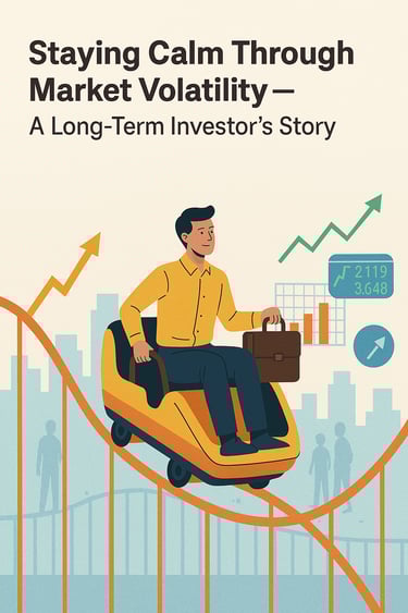 A calm investor rides a roller coaster surrounded by financial charts, symbolizing market volatility
