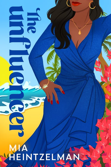 Black woman in a blue wrap dress with a beach backdrop