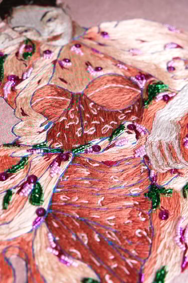 Details full of beads and sequins of embroidery of a fashion illustration with a women in pink dress
