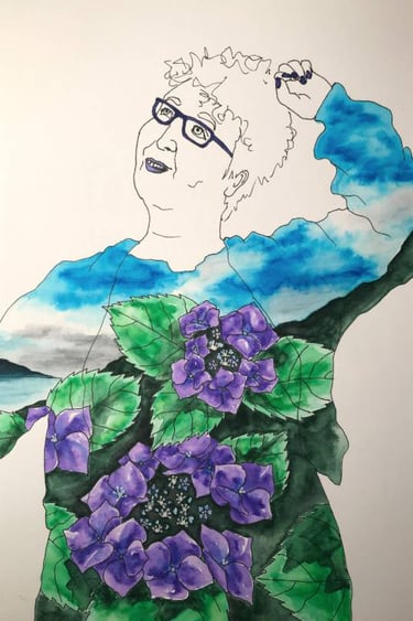 Self portrait by Sarah Overdale, in ink with watercolour hydrangea painting overlaid