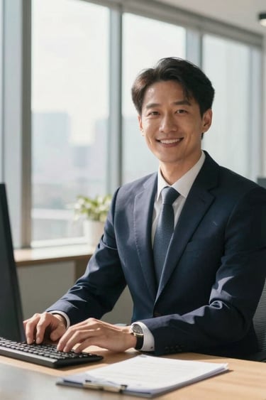 A confident corporate business executive in a modern North American / US office setting. Crisp sunlight pouring through floor-to-ceiling windows, subtle navy blue attire, sophisticated desk arrangement, warm natural smile, professional editorial commercial photography.